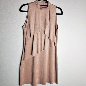 Zara Blush Pink Sleeveless Suede Mini Dress w High Neck & Tiered Ruffle Front